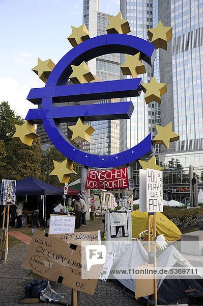 Protest camp of the Occupy Frankfurt movement  demonstration against the financial system in front of the symbol of the euro currency  European Central Bank ECB  Willy-Brandt-Platz  Frankfurt am Main  Hesse  Germany  Europe