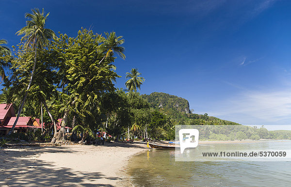 Longtailboot am Palmenstrand  Insel Ko Muk oder Ko Mook  Trang  Thailand  Südostasien  Asien