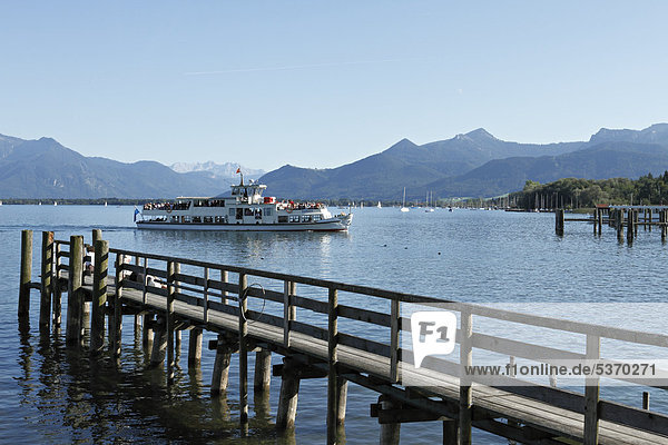 Ferry boat on lake Chiemsee  Prien Stock  Chiemgau  Upper Bavaria  Germany  Europe