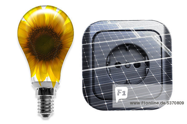 Illustration  Steckdose und Glühbirne  Symbolbild Solarstrom