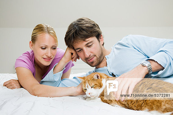 Junges Paar streichelt Katze auf dem Bett