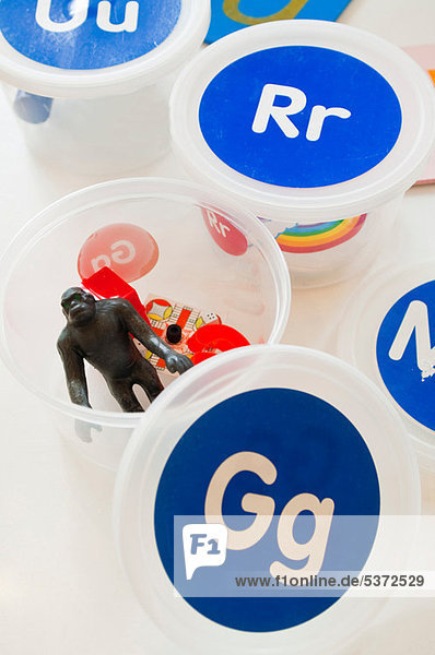 Kunststoff-Container mit Spielzeug Gorilla und Buchstaben g auf Deckel