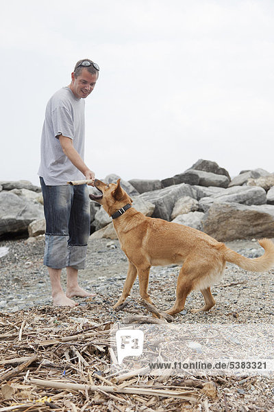 Mann spielt mit Hund am felsigen Strand