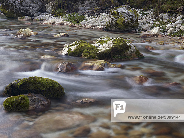 Felsbrocken und Steine im Flussbett der Soca im Socatal nahe Bovec  Triglav Nationalpark  Slowenien  Europa