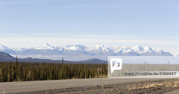 Alaska Highway north of Whitehorse St. Elias Mountains Kluane National Park and Reserve behind Yukon Territory Canada