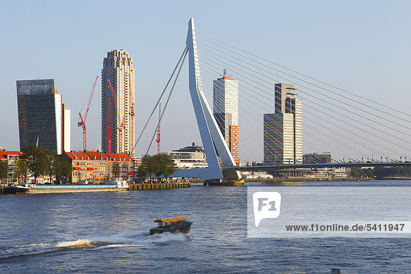 Erasmusbrug bridge and Kop van Zuid district on the Meuse or Maas River  Rotterdam  Holland  the Netherlands  Europe