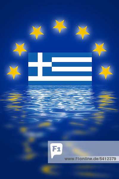 EU-Sterne mit der Flagge von Griechenland  im Wasser versinkend  Symbolbild Eurokrise