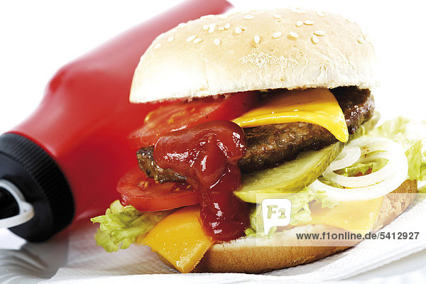 Cheeseburger and a bottle of ketchup