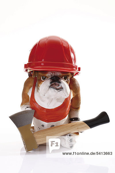 Bulldog figurine wearing a red construction helmet and holding an axe
