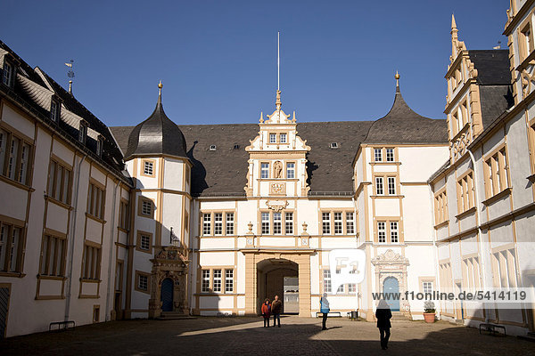 Courtyard of Schloss Neuhaus castle  an outstanding Weser-Renaissance building in Paderborn  North Rhine-Westphalia  Germany  Europe