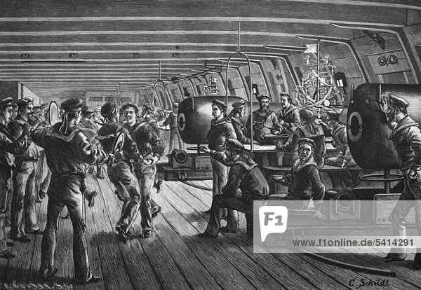 Weihnachtsfeier auf einem deutschen Kriegsschiff auf hoher See  Holzschnitt  1888