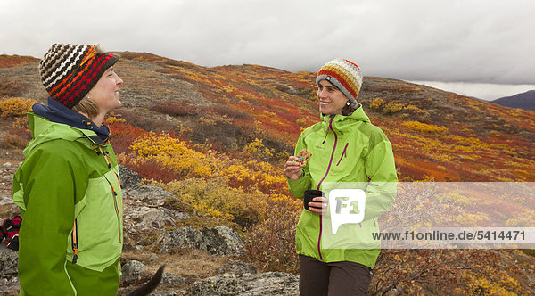Two young women talking  laughing  sub alpine tundra  Indian summer  leaves in fall colours  autumn  near Fish Lake  Yukon Territory  Canada