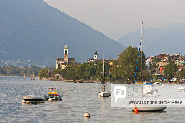 Blick auf Vira  Boote  Gambarogno  Lago Maggiore  Tessin  Schweiz  Europa