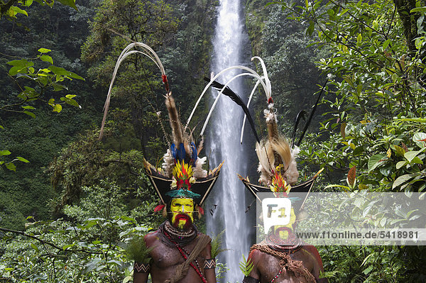 Huli Wigmen  Timan Thumbu and Hale Johu  feathers in headdresses include Superb Bird of Paradise breast shield  Papuan Lorikeet  Lesser Bird of Paradise  King of Saxony Bird of Paradise  Ribbon-tailed Astrapia  Stephanie'Astrapia  from Tari  Southern Highlands  Papua New Guinea  Oceania