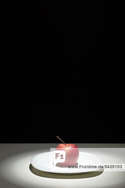 Roter Apfel (Malus domestica) der Sorte Boskoop auf einem weißen Teller