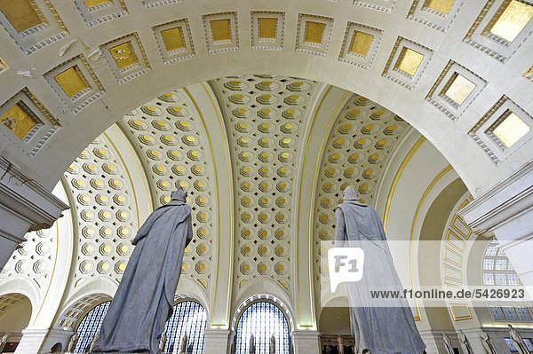 Interior view  Great Main Hall  larger than life statues  waiting room  Union Station  Washington DC  District of Columbia  United States of America
