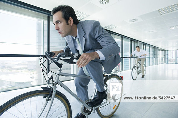 Businessmen riding bicycles indoors
