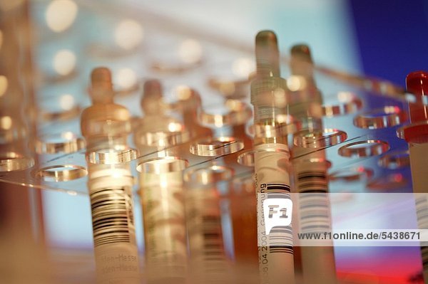 Kliniklabor oder medizinisches Labor - Blutproben Substanzen in Reagenzgläsern Automaten Zentrifugen - technische Einrichtungen zu Forschungszwecken - Ampullen in einem Plexiglasständer