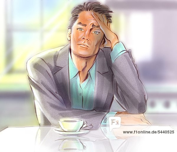 Illustration - Mann mit Kopfschmerzen sitzt mit einer Tasse Kaffee / Tee am Tisch und hält sich die Hand an die Schläfen -