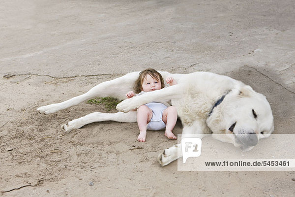 Ein Baby liegend mit einem Hund