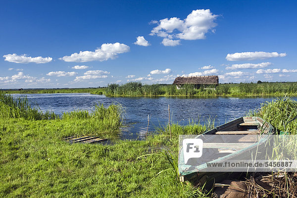 Boot mit Narew-Fluss in der Nähe des Dorfes Waniewo  Narwianski Nationalpark  Polen  Europa