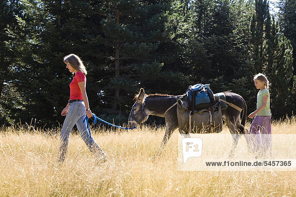 Mother and daughter during a family-hike with a donkey in the Cevennes Mountains  France  Europe
