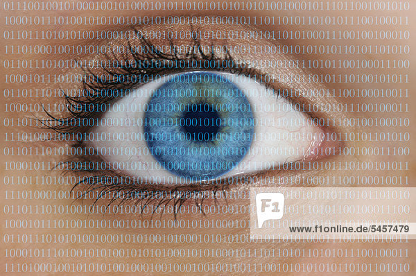 Detailaufnahme Auge mit Barcode EAN  European Article Number  auf Iris  Symbolbild gläserner Kunde