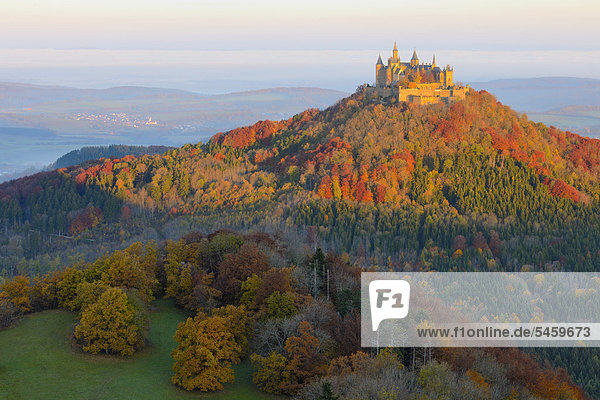 Burg Hohenzollern Castle in the early morning light with autumnal forest  early morning fog  Swabian Alb  Baden-Wuerttemberg  Germany  Europe