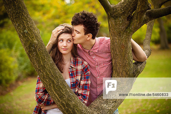 Teenage couple kissing in tree in park