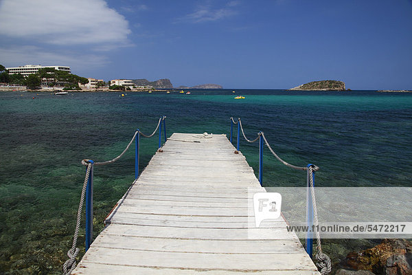 Wooden jetty at the beach of Es Canar  Ibiza  Balearic Islands  Spain  Europe