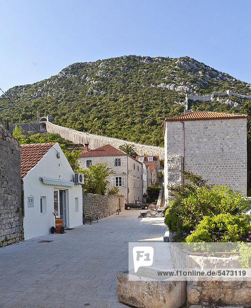 Street in the village of Veliki Ston  looking towards the defensive walls of Ston  hill of Veliki Ston  Peljesac Peninsula  Central Dalmatia  Dalmatia  Adriatic coast  Croatia  Europe  PublicGround