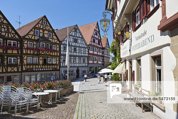 Franconian half-timbered buildings with a wine bar  historic town centre of Bad Wimpfen  Neckartal  Baden-Wuerttemberg  Germany  Europe  PublicGround