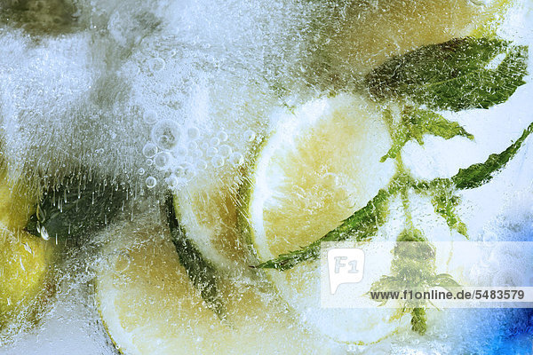 Limetten  Limonen  im Eisblock eingefroren