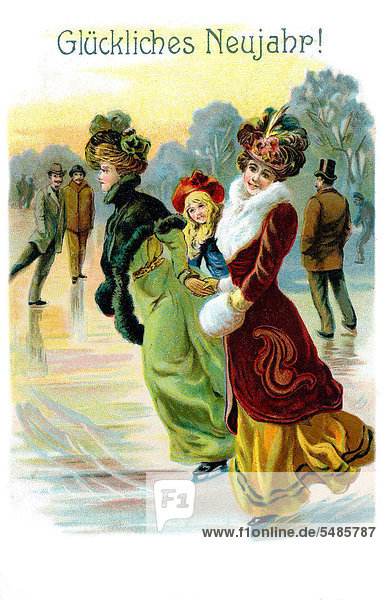 Frauen laufen Schlittschuh,  Eislaufen,  Winter,  Schriftzug Glückliches Neujahr,  historische Illustration