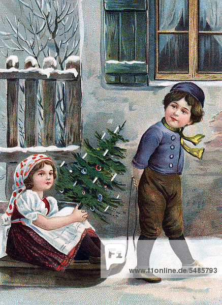 Junge zieht Mädchen auf Schlitten,  Weihnachtsbaum,  Winter,  Weihnachten,  historische Illustration