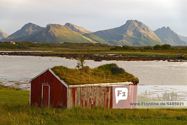 Hütte mit einem Grasdach vor den Gipfeln der Insel Lang¯ya  Inselgruppe VesterÂlen  Nordland  Norwegen  Europa