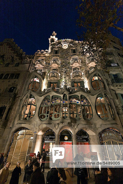 Casa BatlÚ  1904  by architect Anton GaudÏ  at night  Eixample  Barcelona  Spain  Europe