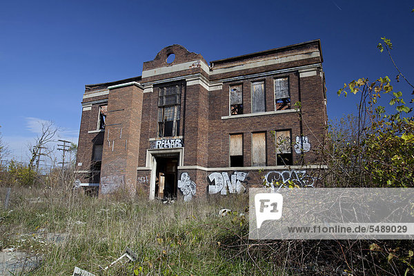 An abandoned and vandalized school  Detroit  Michigan  USA