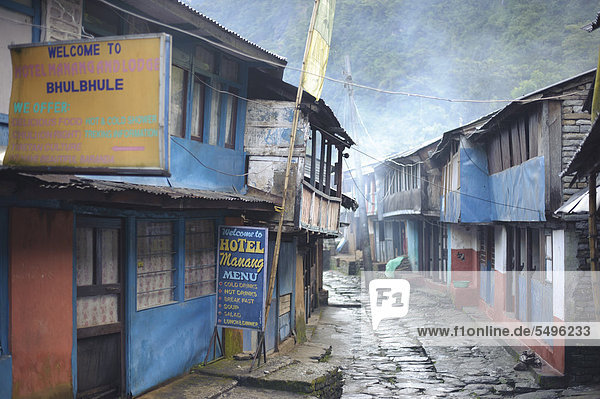 Guesthouses and trekking lodges in the village of Bhulbhule that is a popular starting point for treks Lamjung Nepal South Asia