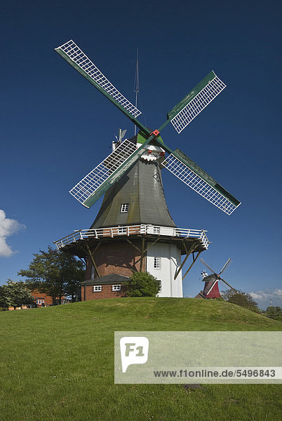 Greetsieler Zwillingsmühlen  Galerieholländer  westliche Mühle vorn  Teestube  Krummhörn  Wahrzeichen von Greetsiel  Niedersachsen  Ostfriesland  Deutschland  Europa
