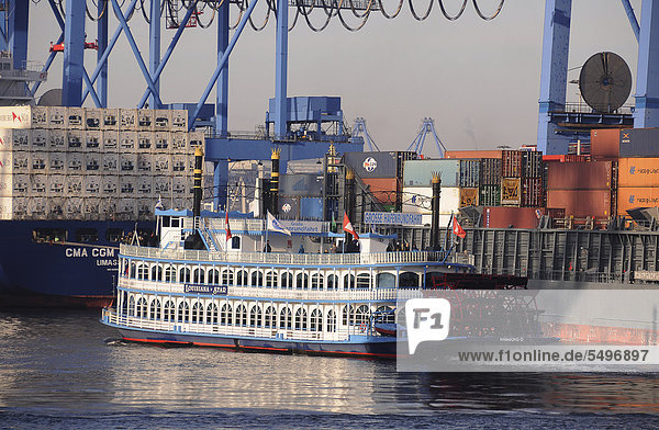 Container ships and a paddle steamer in the Port of Hamburg  harbour cruise  Hamburg  Germany  Europe