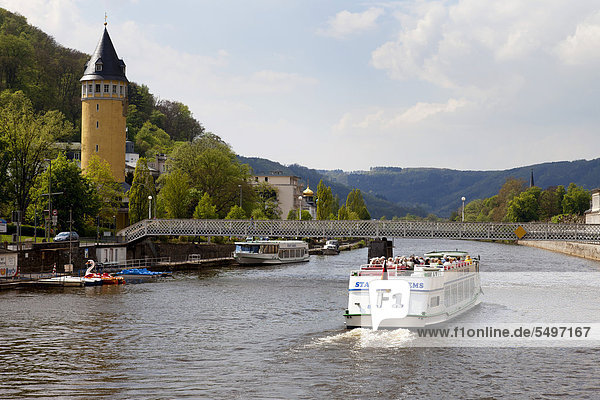 Excursion boat and water tower  Bad Ems an der Lahn  Lahn river  Rhineland-Palatinate  Germany  Europe