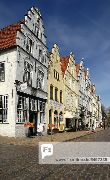 'Wilhelminian-style buildings in the market square of the ''Dutch Town'' of Friedrichstadt  North Friesland district  Schleswig-Holstein  Germany  Europe'