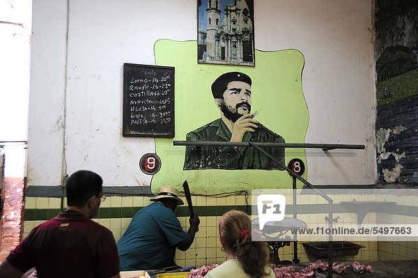 Gemälde von Che Guevara in einer Metzgerei  historische Altstadt von Havanna Zentrum  Habana Vieja  Kuba  Große Antillen  Karibik  Mittelamerika  Amerika