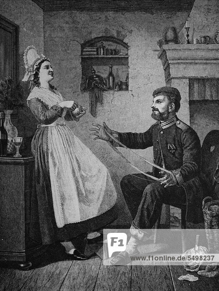 Landwehrmann und Hausmaedchen  a soldier of the Prussian and Imperial German reserve forces and a housemaid  wood engraving  about 1880