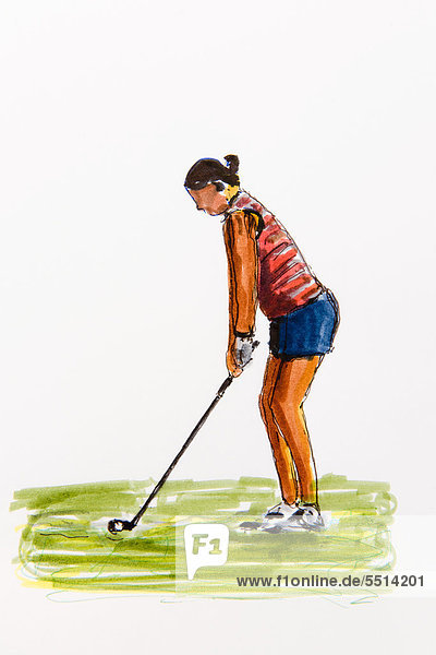 Female golfer at the tee  drawing by the artist Gerhard Kraus  Kriftel  illustration