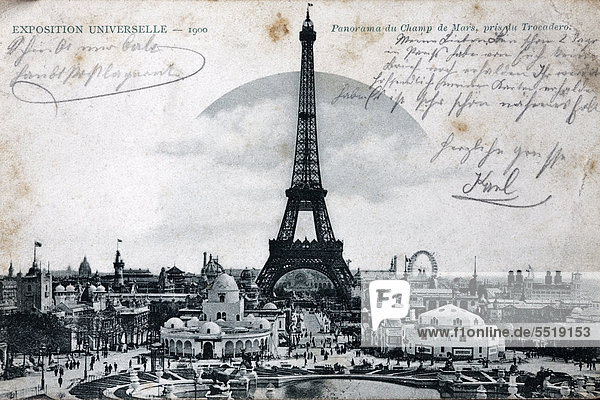 Eiffelturm mit Weltausstellung von 1900  historische Ansichtskarte  Paris  Frankreich  Europa