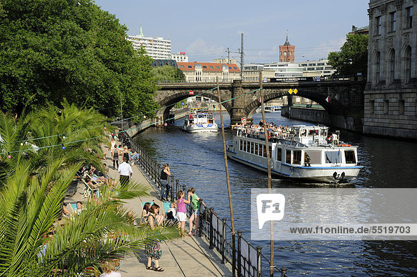 Excursion boat on the Spree river  at the Spreeufer riverside  Berlin Mitte  Germany  Europe