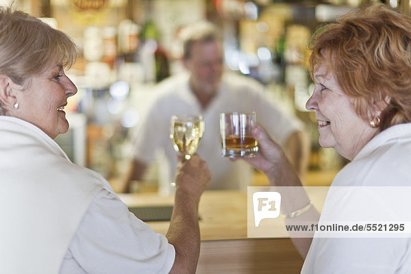 Older women toasting each other at bar