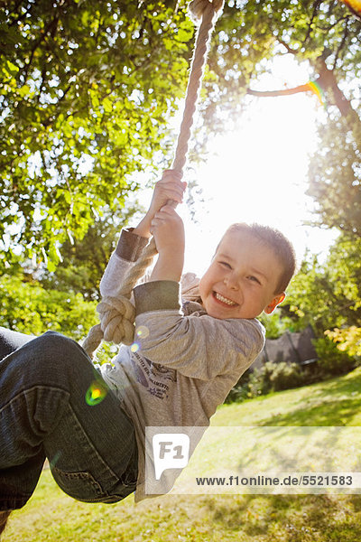 Boy playing on rope swing in backyard